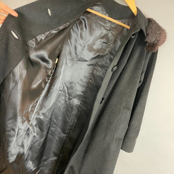 Vintage 50s 60s Wool Coat Fur Collar Black Women Union Made‎ Overcoat Retro - Picture 10 of 16
